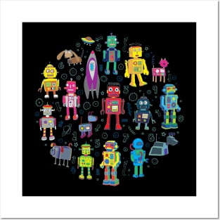 Robots in Space - bright retro robot circle Posters and Art